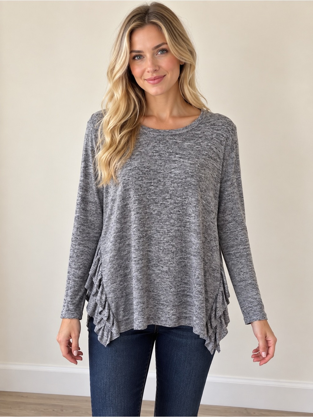 aerie Gray Ruffle-Hem Long Sleeve Knit Top
